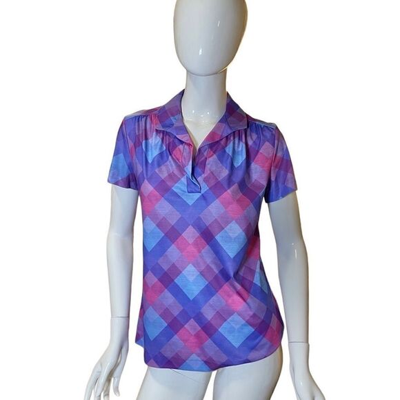 Vintage 70s Argyle Plaid Short Sleeve Blouse Medium Magenta, Bubblegum Pink - Picture 9 of 15